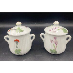 Louis Lourioux Le Faune Pot de Creme Porcelain Jars France Wildflower Set of 2